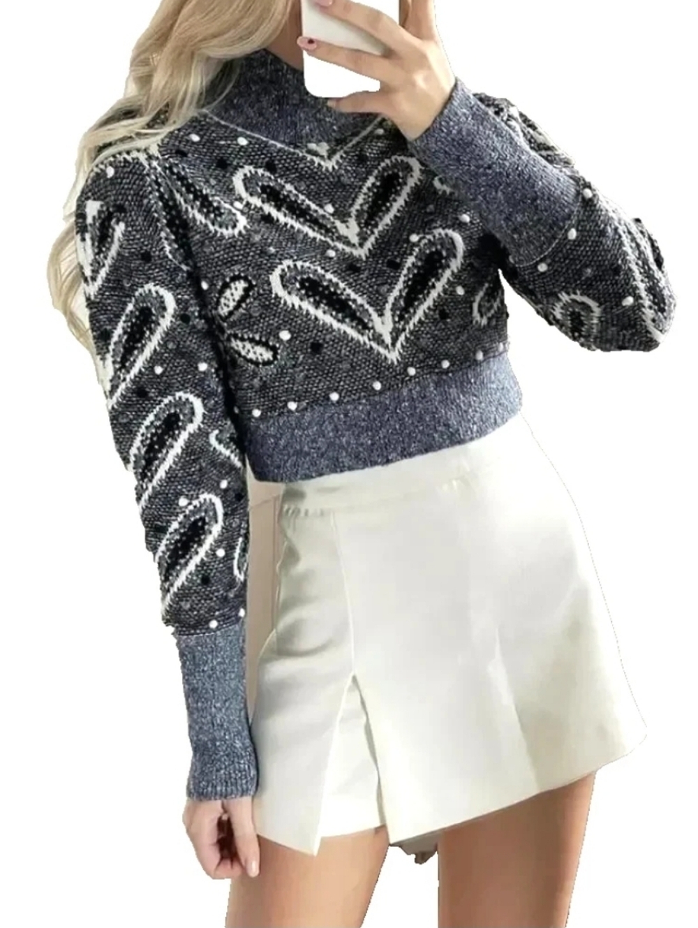 Zara Jacquard‎ Pompom Crop Sweater